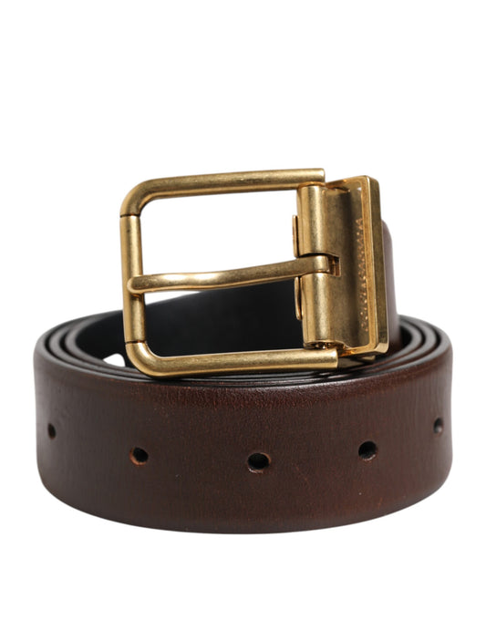 Dolce & Gabbana Brown Classic Gold Metal Logo Buckle Men Belt