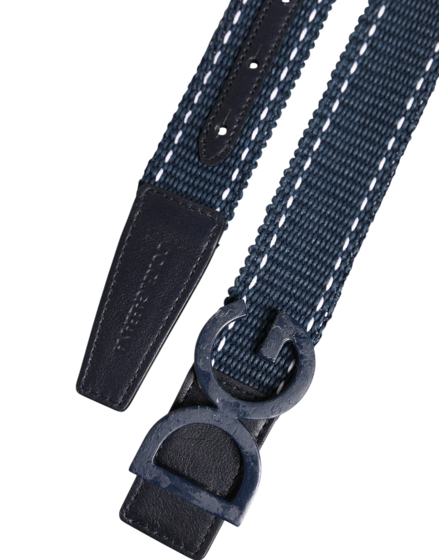 Dolce &amp; Gabbana Blau-weißer Baumwollgürtel mit DG-Logo und Metallschnalle