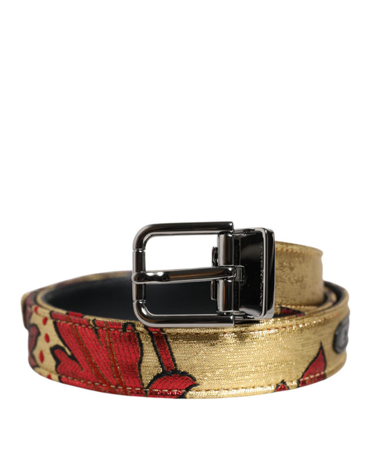 Dolce & Gabbana – Goldfarbener Jacquard-Gürtel mit floraler Schnalle aus silbernem Metall
