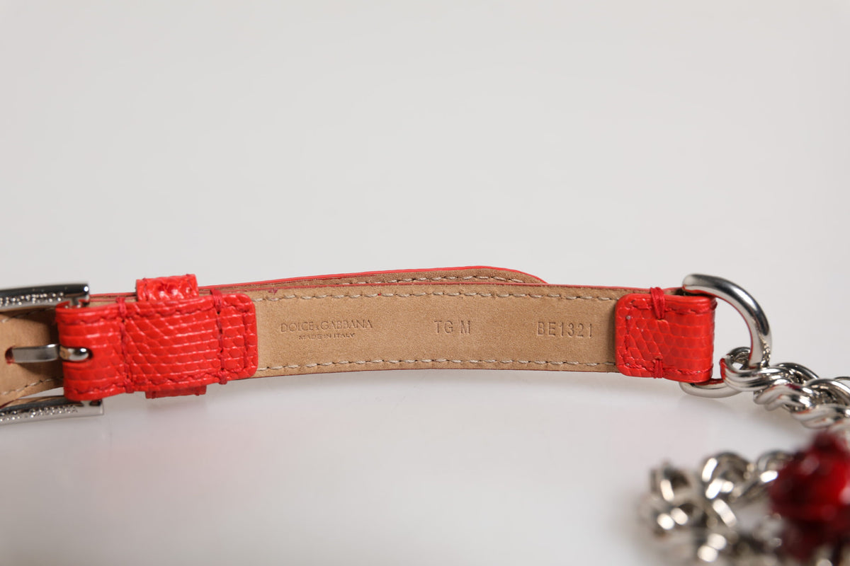 Dolce &amp; Gabbana – Cintura-Gürtel aus rotem Leder mit silberner Kette und Blumenmuster