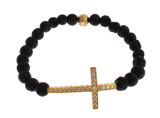 Nialaya Lavastein Gold Klar CZ Kreuz 925 Silber Armband