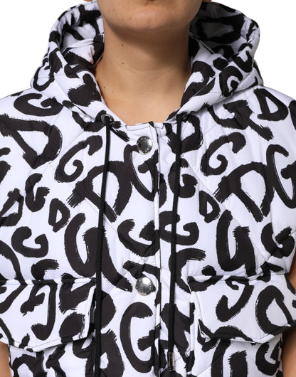 Dolce &amp; Gabbana – Weiße, ärmellose Pufferjacke „DG Mania“ mit Kapuze