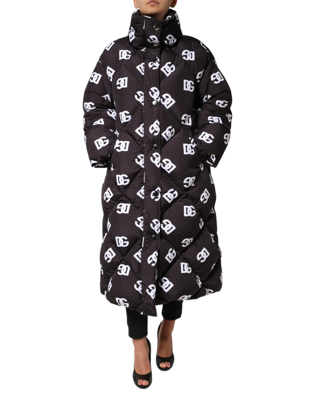Dolce &amp; Gabbana – Schwarze, gesteppte DG Mania-Pufferjacke in Langmantelform