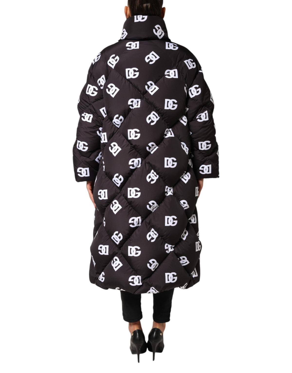 Dolce &amp; Gabbana – Schwarze, gesteppte DG Mania-Pufferjacke in Langmantelform