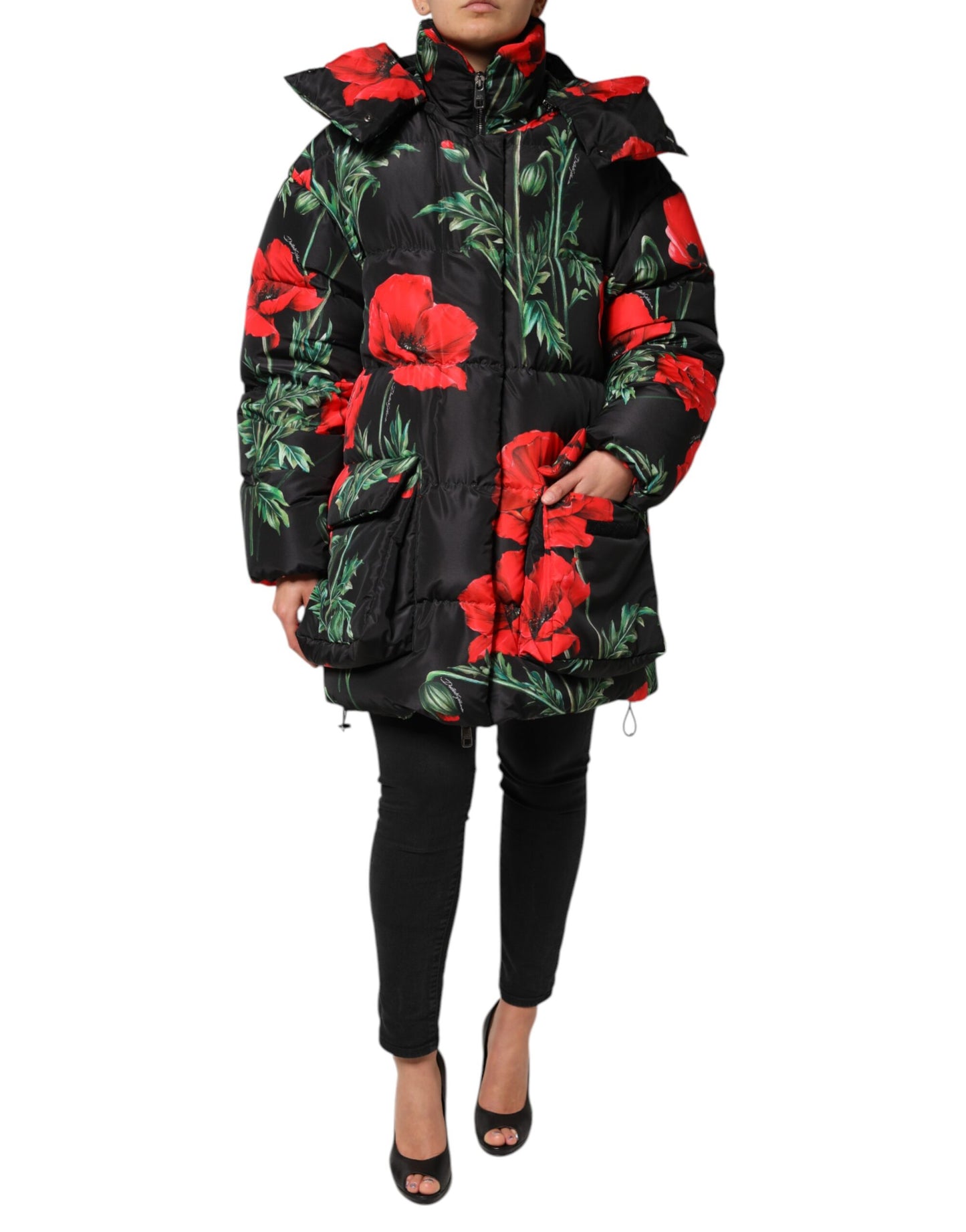 Dolce &amp; Gabbana – Schwarze Steppjacke aus Polyester mit Blumenmuster und Kapuze
