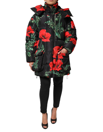 Dolce &amp; Gabbana – Schwarze Steppjacke aus Polyester mit Blumenmuster und Kapuze