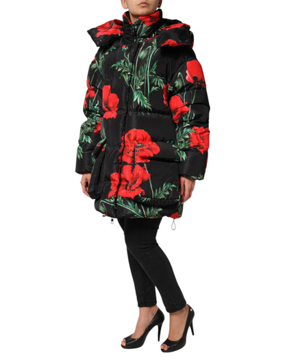 Dolce &amp; Gabbana – Schwarze Steppjacke aus Polyester mit Blumenmuster und Kapuze