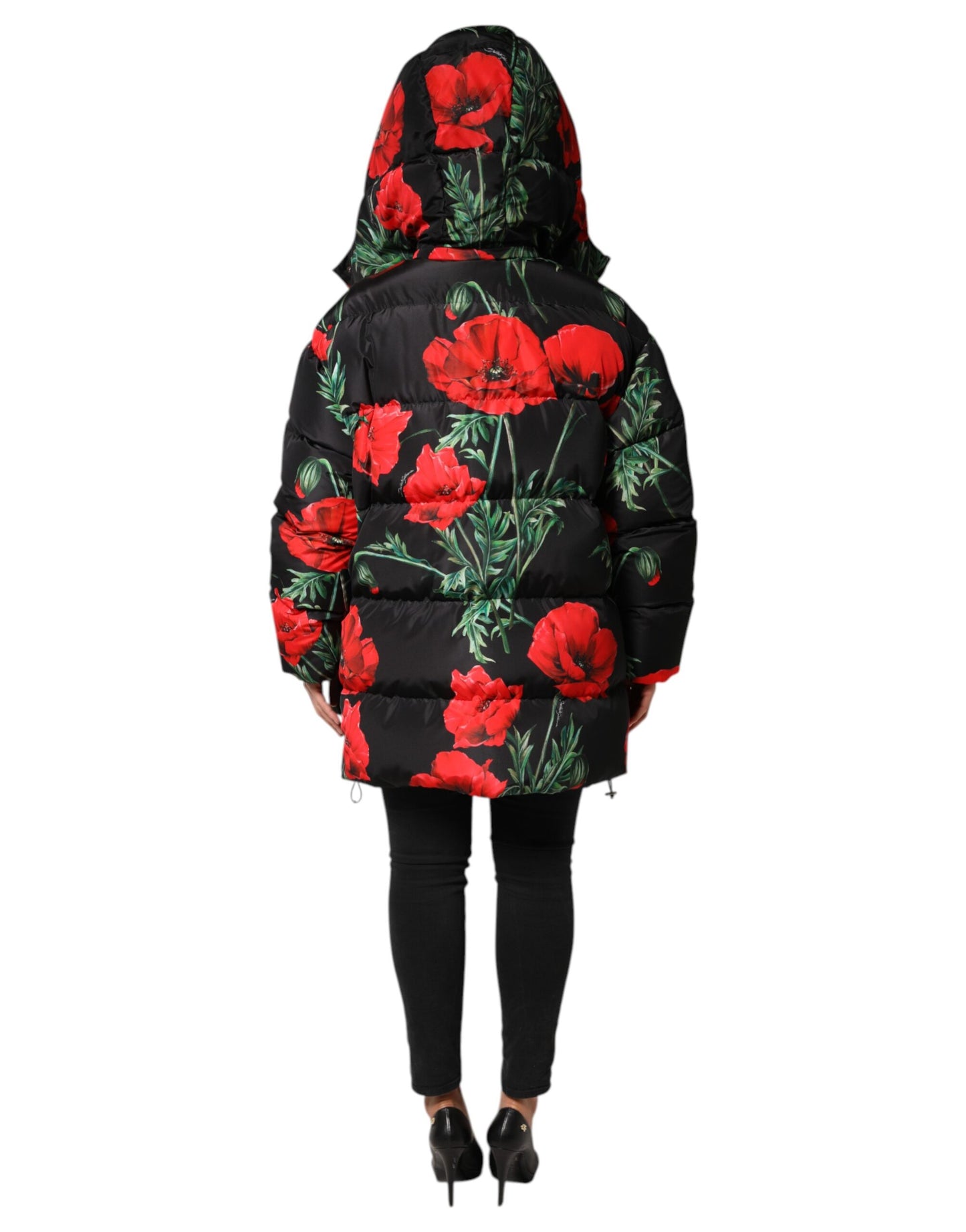 Dolce &amp; Gabbana – Schwarze Steppjacke aus Polyester mit Blumenmuster und Kapuze