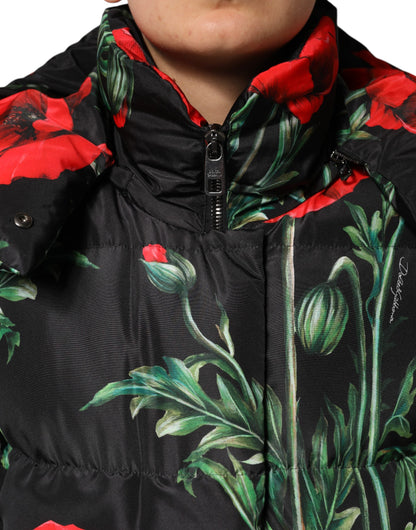 Dolce &amp; Gabbana – Schwarze Steppjacke aus Polyester mit Blumenmuster und Kapuze
