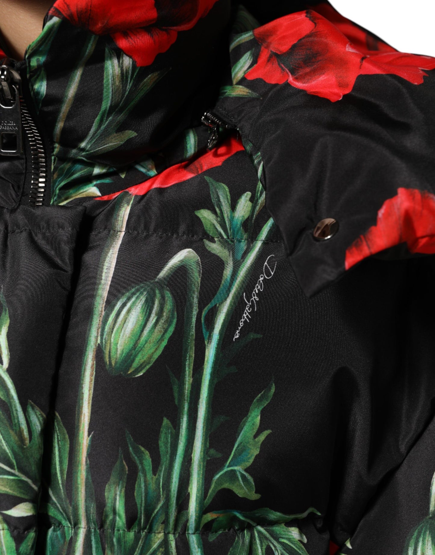 Dolce &amp; Gabbana – Schwarze Steppjacke aus Polyester mit Blumenmuster und Kapuze