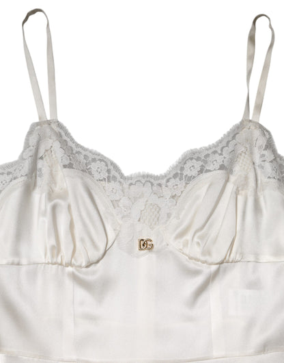 Dolce & Gabbana White Lace DG Logo Silk Dress Sleepwear