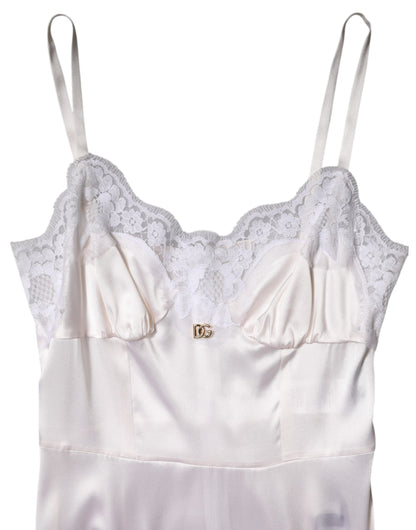 Dolce & Gabbana White Lace Gold DG Logo Silk Dress Sleepwear