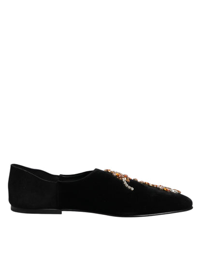 Dolce & Gabbana Black Velvet Embellished Loafer Slip On Shoes