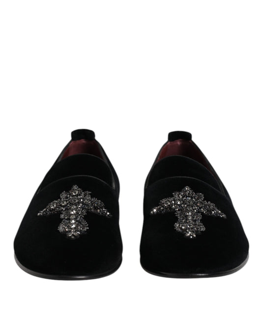 Dolce &amp; Gabbana – Loafer-Schlupfschuhe aus schwarzem Samt mit Verzierung