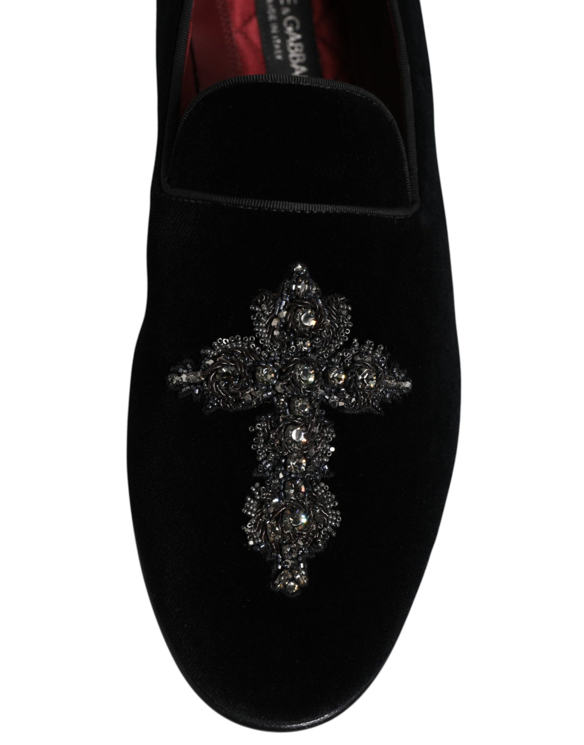 Dolce &amp; Gabbana – Loafer-Schlupfschuhe aus schwarzem Samt mit Verzierung