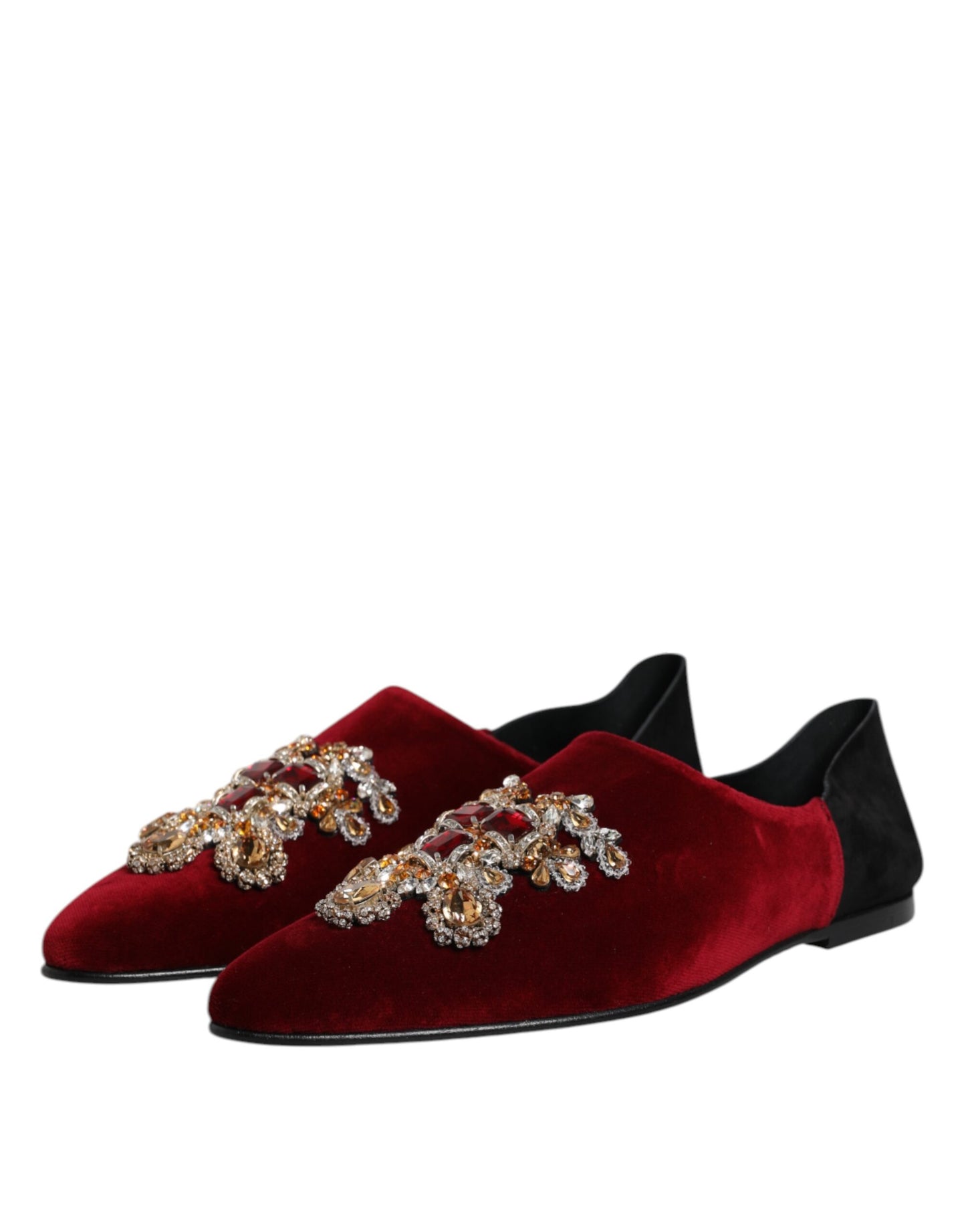 Dolce &amp; Gabbana – Slipper aus schwarzem und rotem Samt mit Verzierung