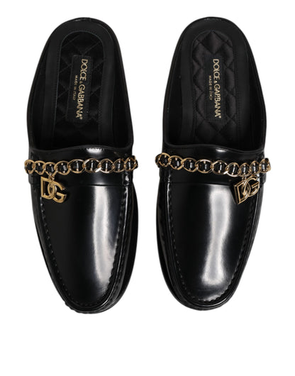 Dolce & Gabbana Black Leather DG Chain Embellished Sandals Shoes