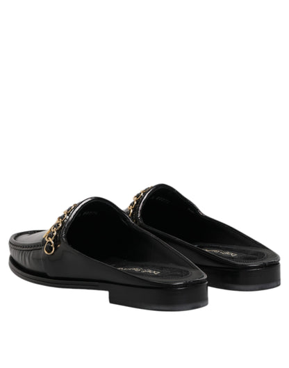 Dolce & Gabbana Black Leather DG Chain Embellished Sandals Shoes