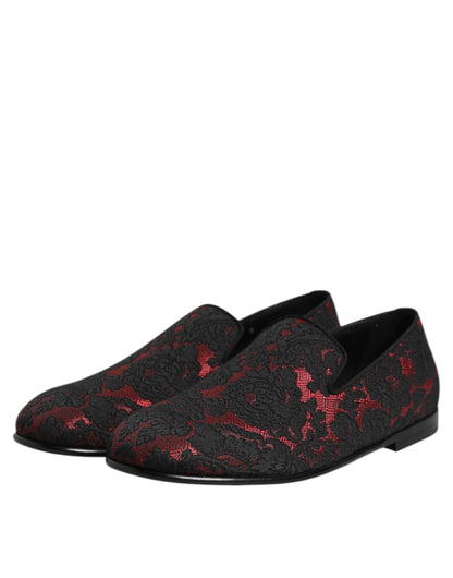 Dolce &amp; Gabbana Rot Schwarz Jacquard Slip On Herren Loafer Schuhe