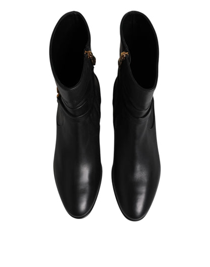Dolce &amp; Gabbana Schwarze Leder-Flats Logo Kurze Stiefel Schuhe