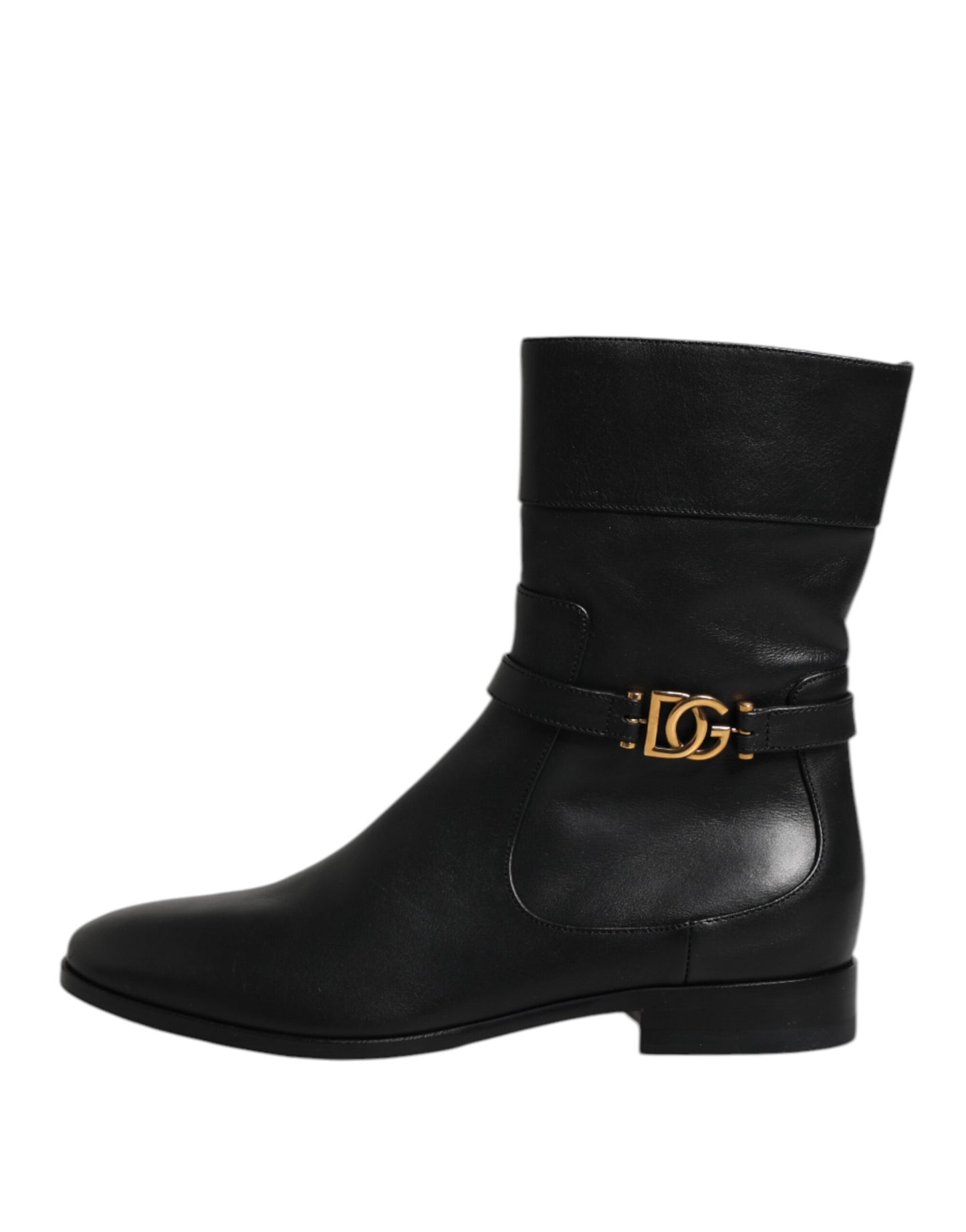 Dolce &amp; Gabbana Schwarze Leder-Flats Logo Kurze Stiefel Schuhe
