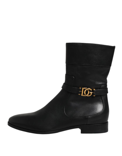 Dolce &amp; Gabbana Schwarze Leder-Flats Logo Kurze Stiefel Schuhe