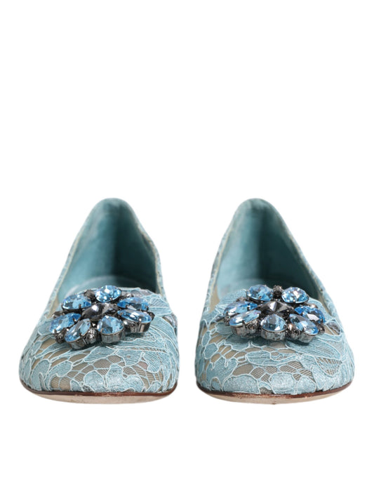 Dolce &amp; Gabbana Blaue Spitzen-Ballerinas mit Kristallen, Halbschuhe