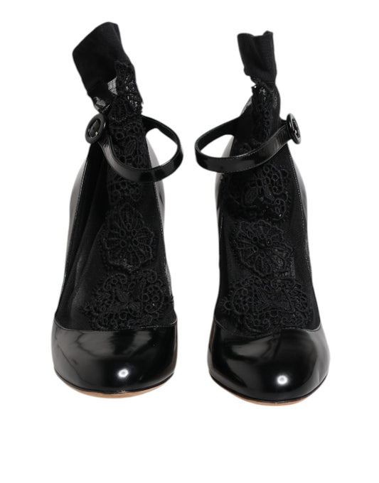 Dolce &amp; Gabbana Schwarze Leder-Spitzensocken Heels Pumps Schuhe