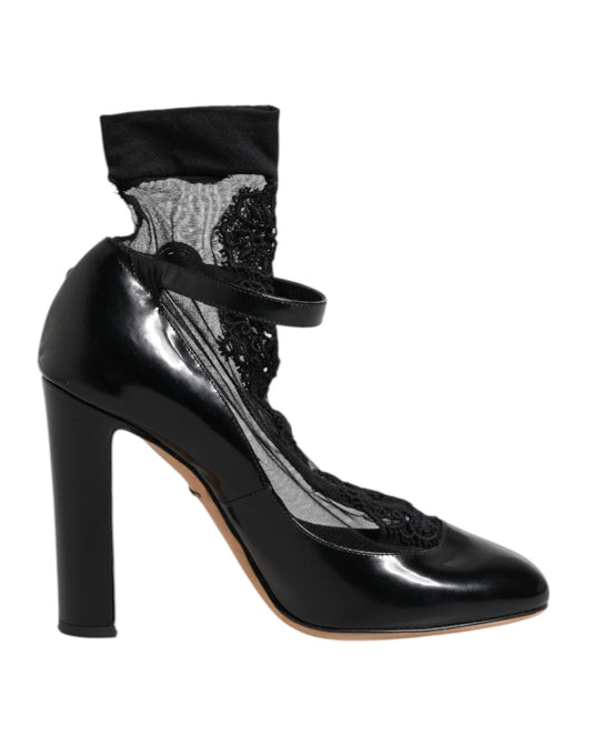 Dolce &amp; Gabbana Schwarze Leder-Spitzensocken Heels Pumps Schuhe