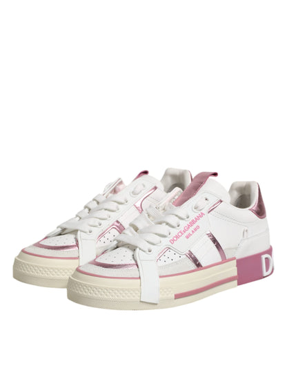 Dolce & Gabbana White Pink Leather Low Top Sneakers Shoes