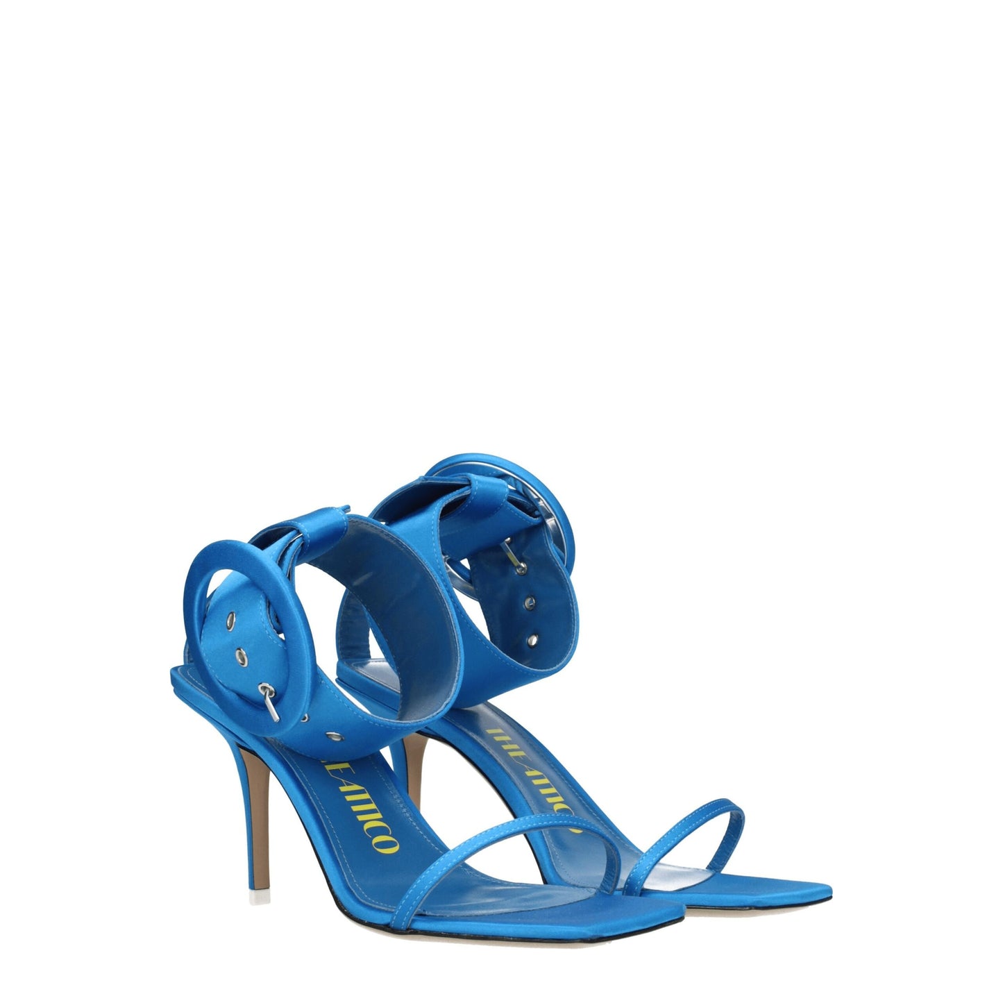 The Attico – Hellblaue Sandalen aus Satin mit Stilettoabsatz