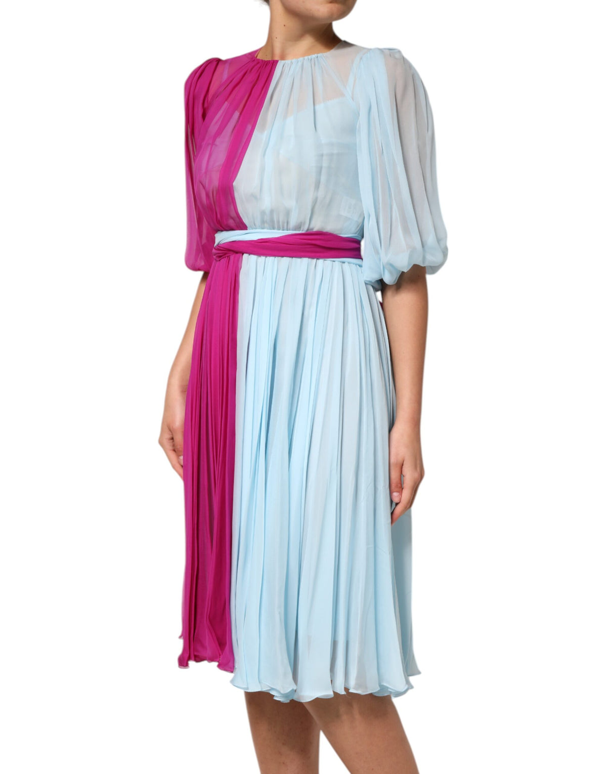 Dolce &amp; Gabbana – Zweifarbiges Midikleid aus Seide in Fuchsia-Hellblau