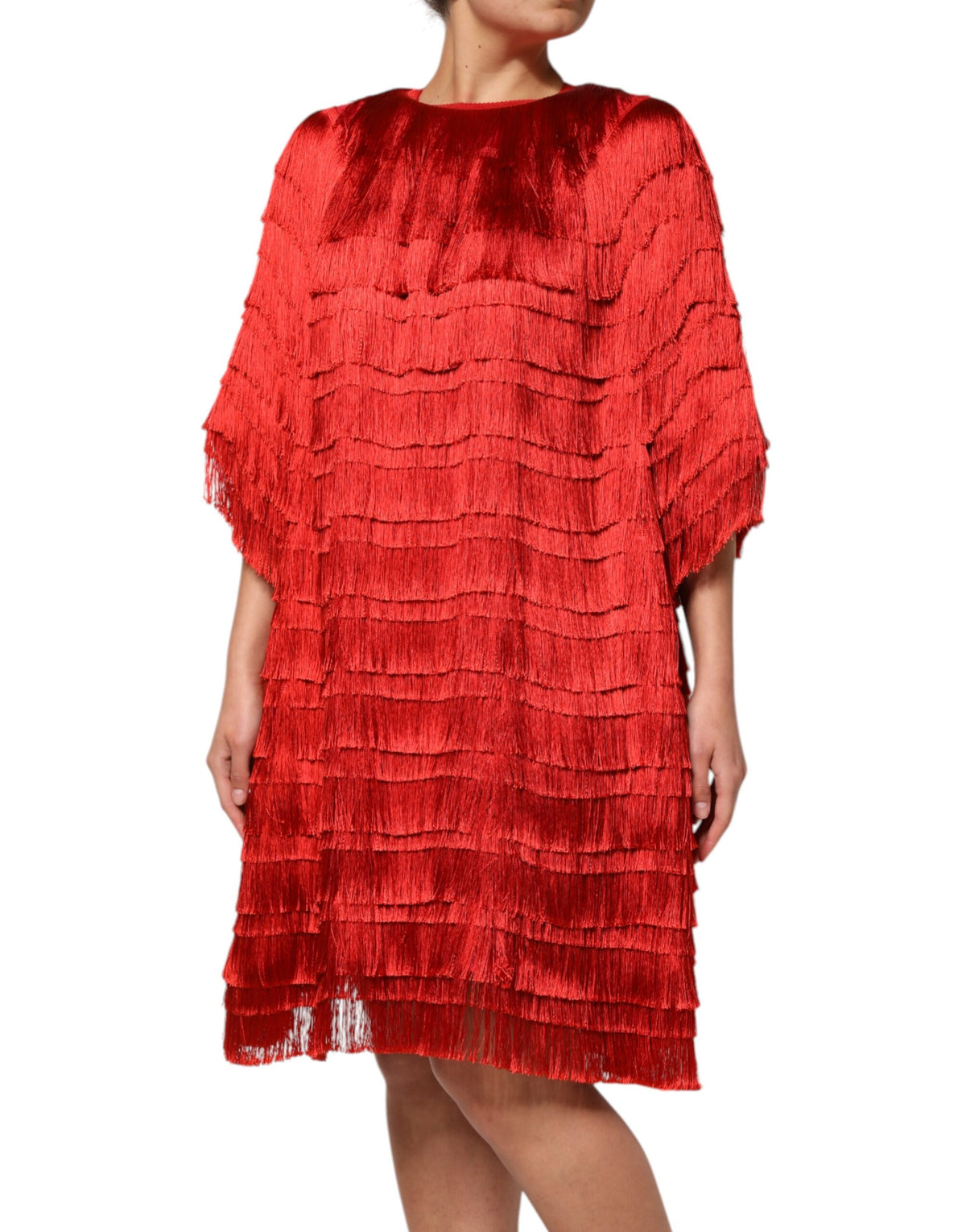 Dolce &amp; Gabbana – Knielanges Etuikleid aus roter Seide mit Fransen