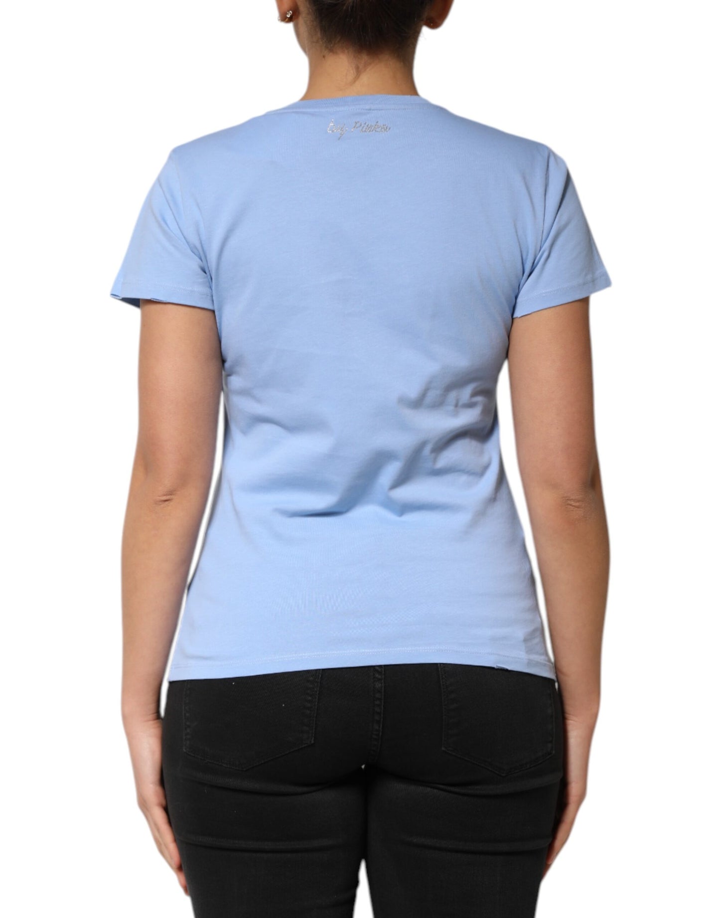 PINKO – Blaues, mit Pailletten verziertes T-Shirt mit kurzen Ärmeln „Love Story“