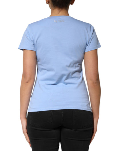 PINKO – Blaues, mit Pailletten verziertes T-Shirt mit kurzen Ärmeln „Love Story“