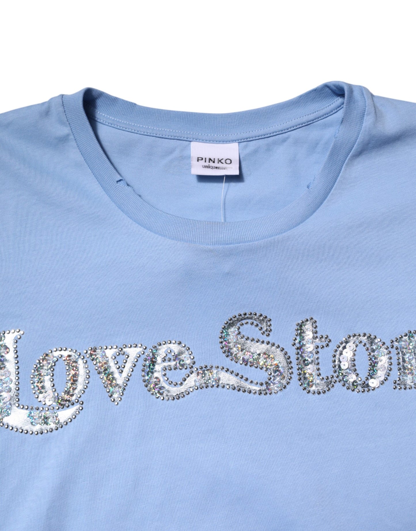 PINKO – Blaues, mit Pailletten verziertes T-Shirt mit kurzen Ärmeln „Love Story“