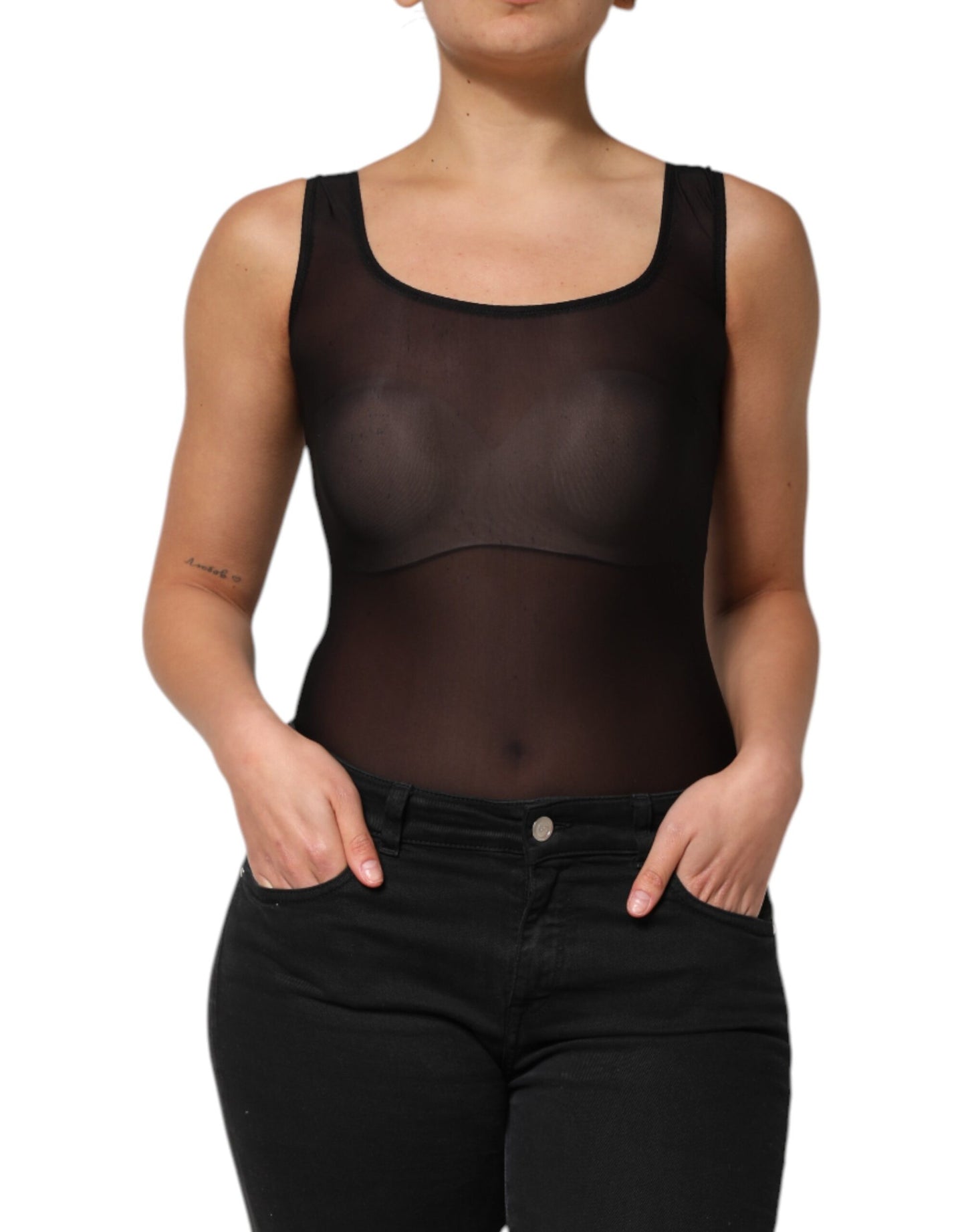 Dolce &amp; Gabbana Schwarzes ärmelloses Tanktop aus Nylon mit Rundhalsausschnitt