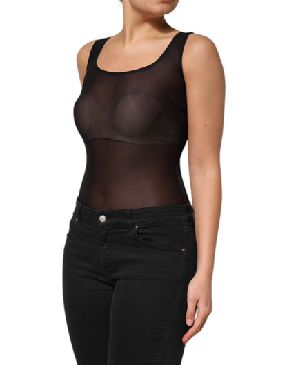 Dolce &amp; Gabbana Schwarzes ärmelloses Tanktop aus Nylon mit Rundhalsausschnitt