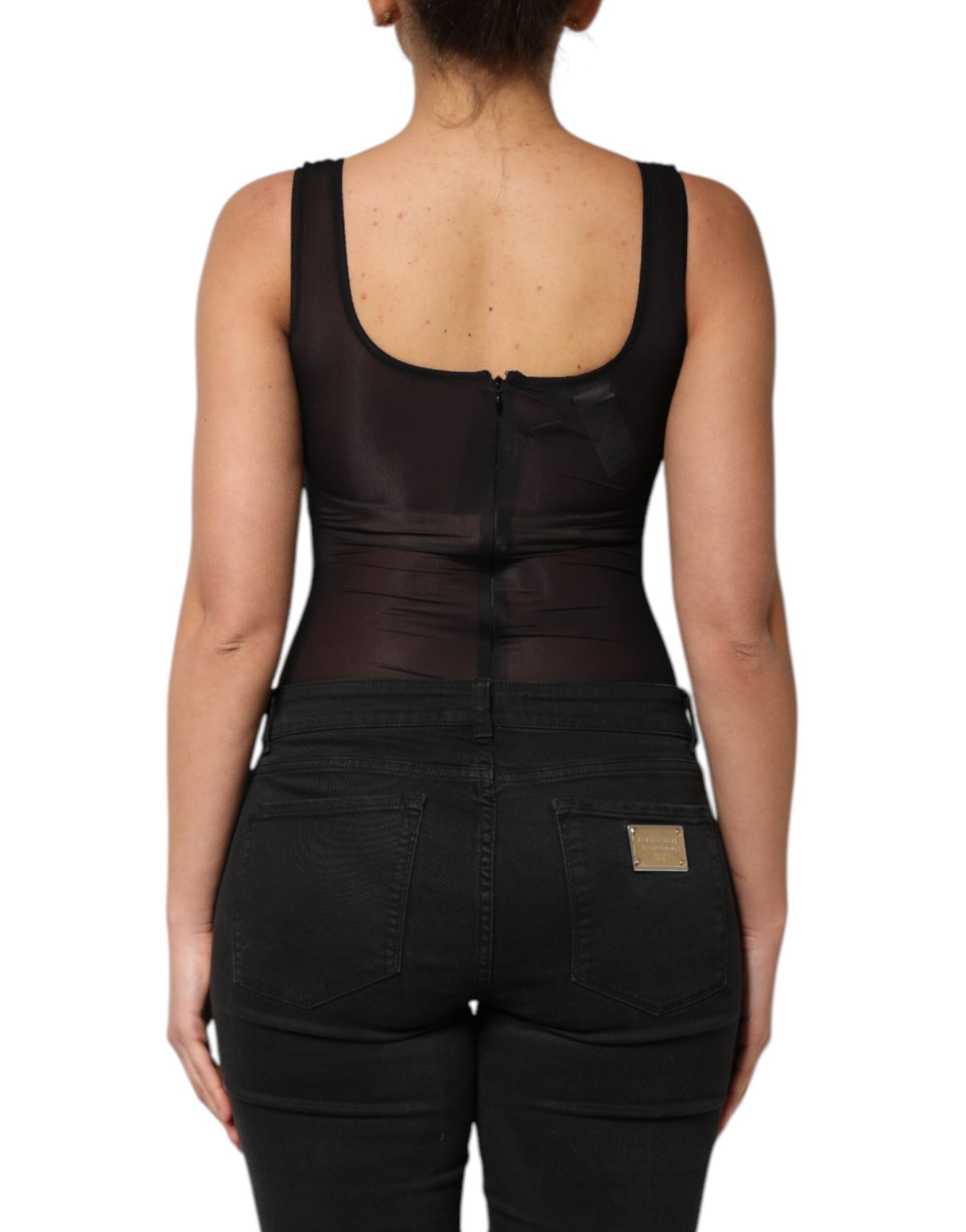 Dolce &amp; Gabbana Schwarzes ärmelloses Tanktop aus Nylon mit Rundhalsausschnitt