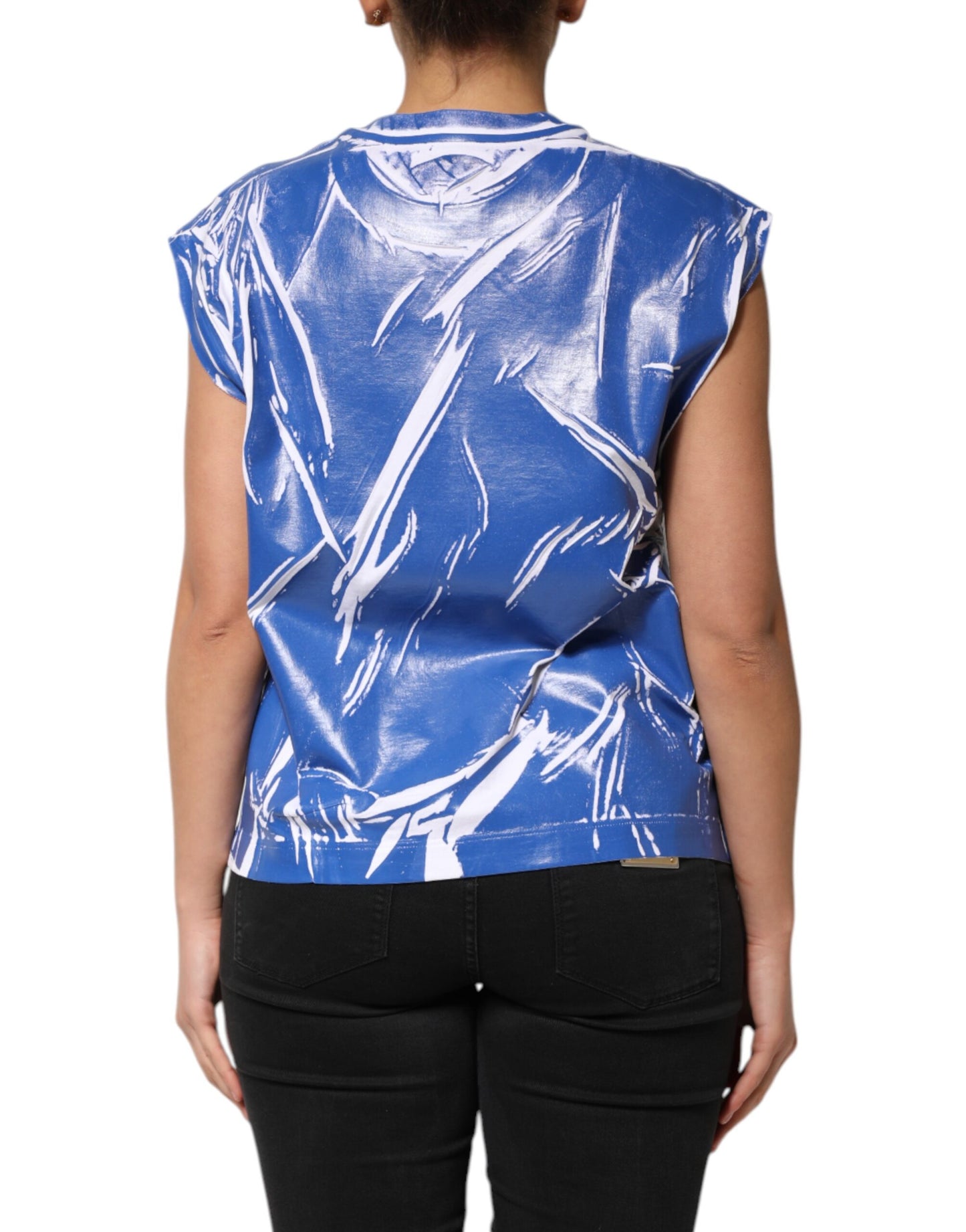 Dolce &amp; Gabbana Damen-Tanktop mit Logo-Plakette aus blau-weißer Baumwolle