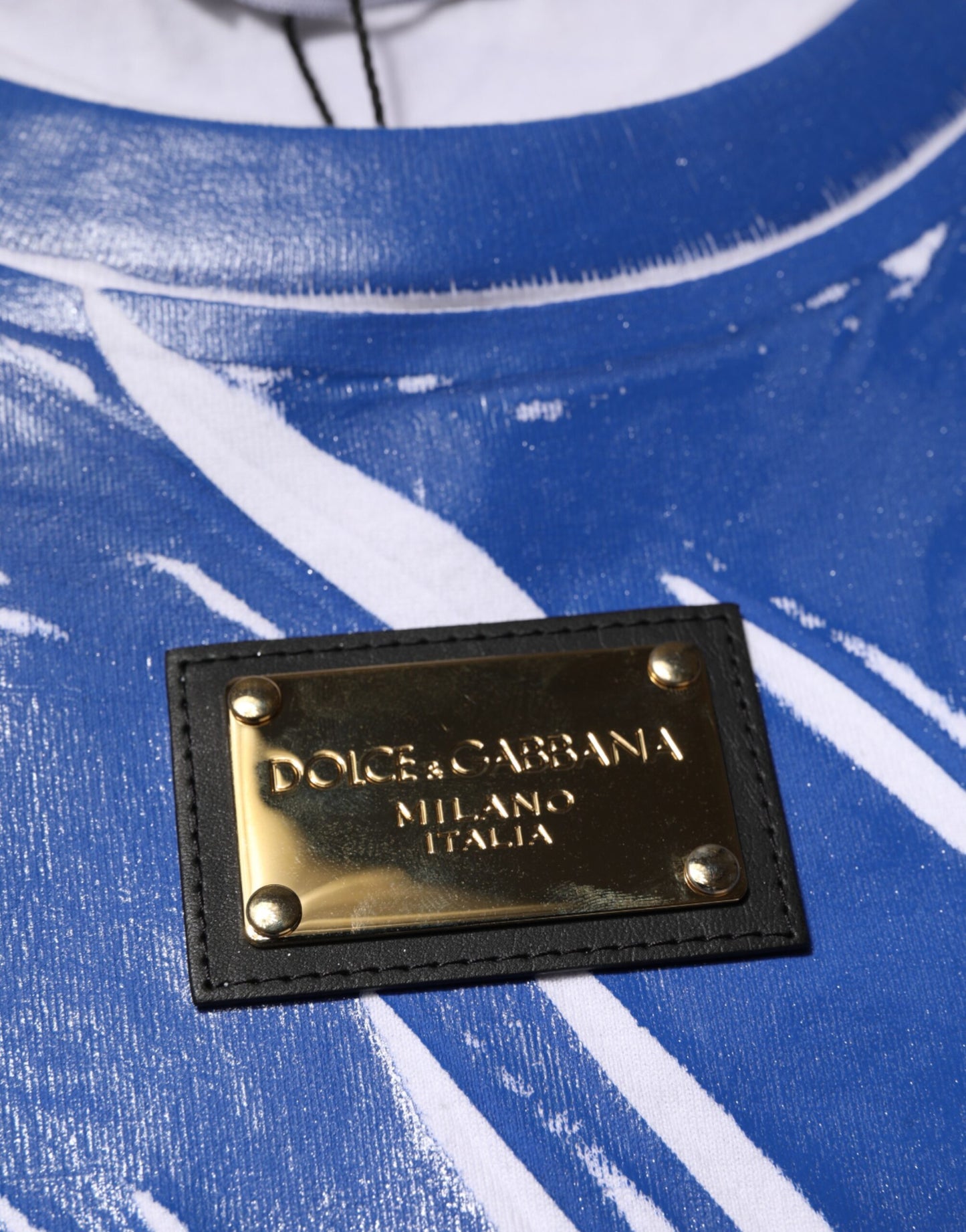 Dolce &amp; Gabbana Damen-Tanktop mit Logo-Plakette aus blau-weißer Baumwolle
