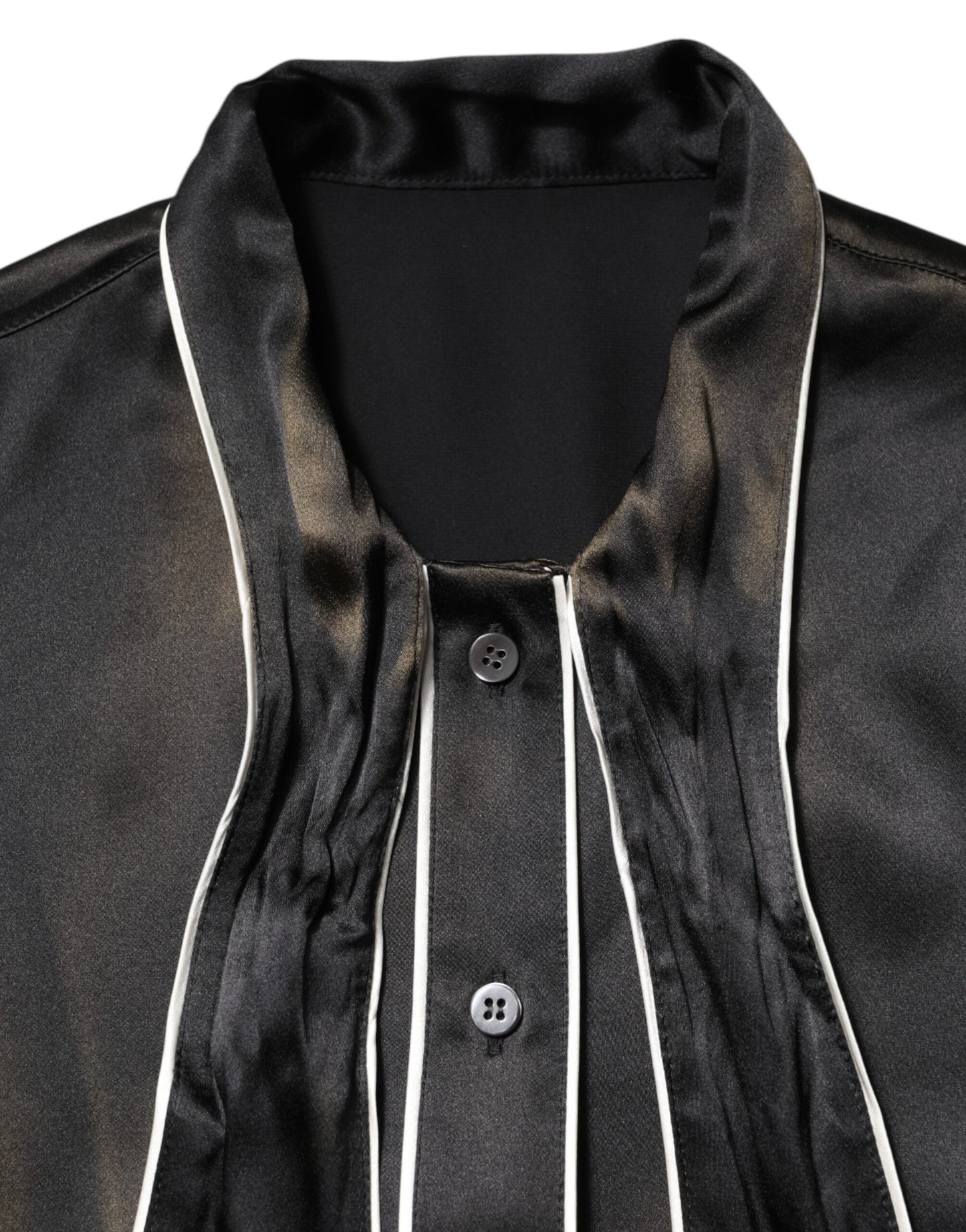 Dolce &amp; Gabbana – Blusenoberteil aus schwarzer Seide mit Ascot-Kragen und Knöpfen