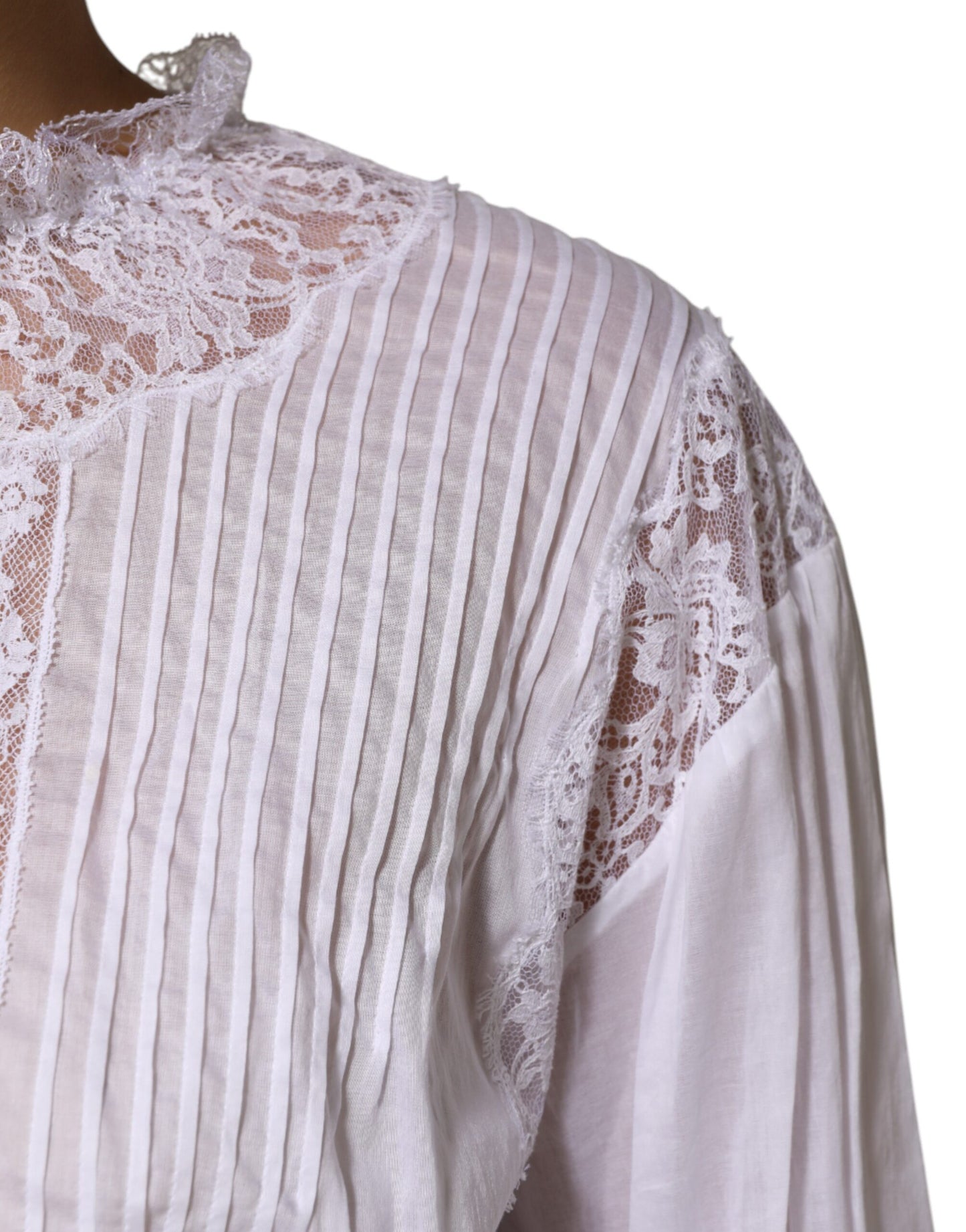 Dolce &amp; Gabbana – Weißes, langärmliges Oberteil aus geblümter Spitze aus Baumwolle