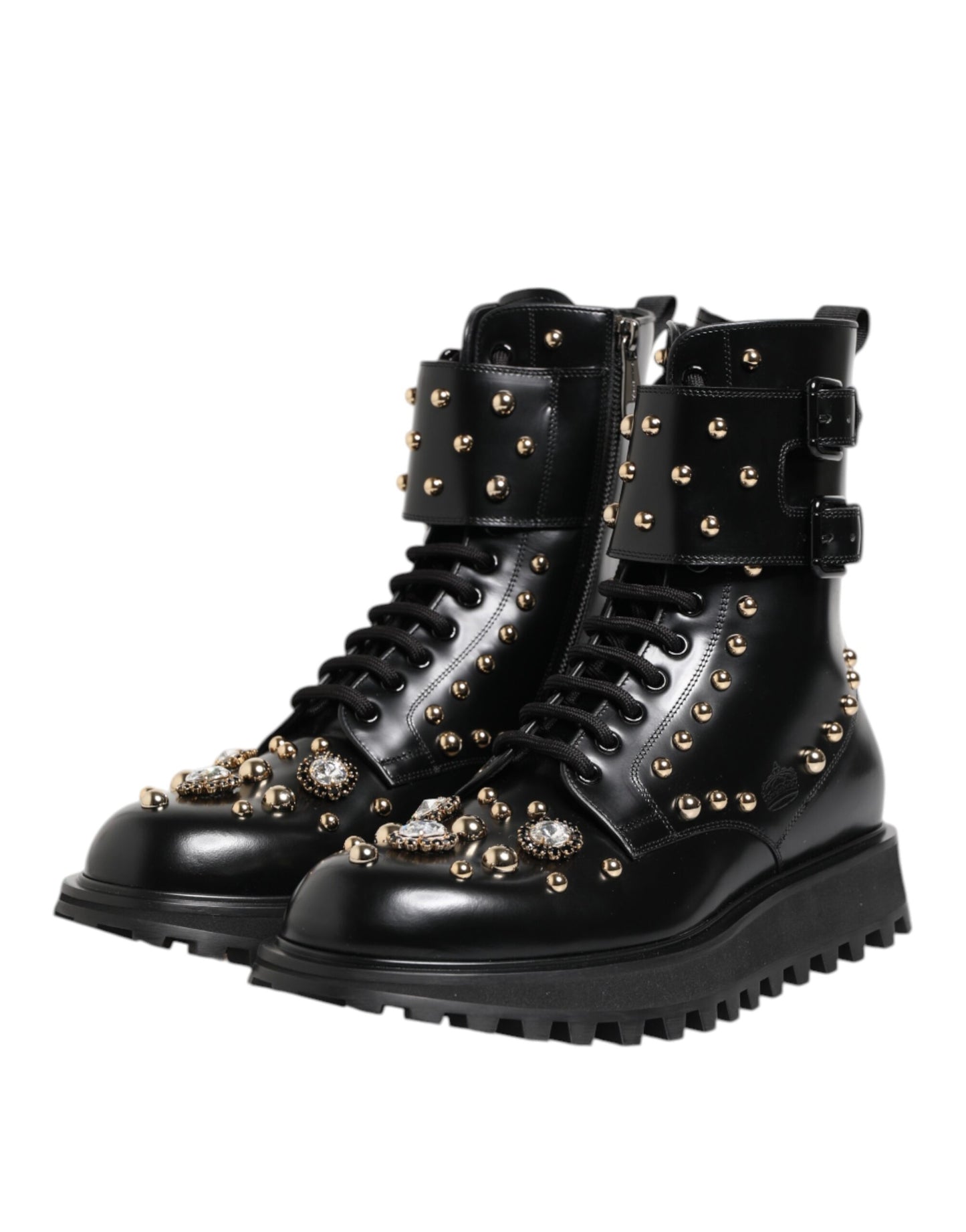 Dolce &amp; Gabbana – Schwarze, wadenlange Schnürstiefel mit Nieten
