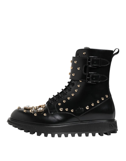 Dolce &amp; Gabbana – Schwarze, wadenlange Schnürstiefel mit Nieten