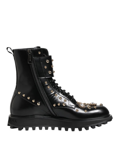 Dolce &amp; Gabbana – Schwarze, wadenlange Schnürstiefel mit Nieten