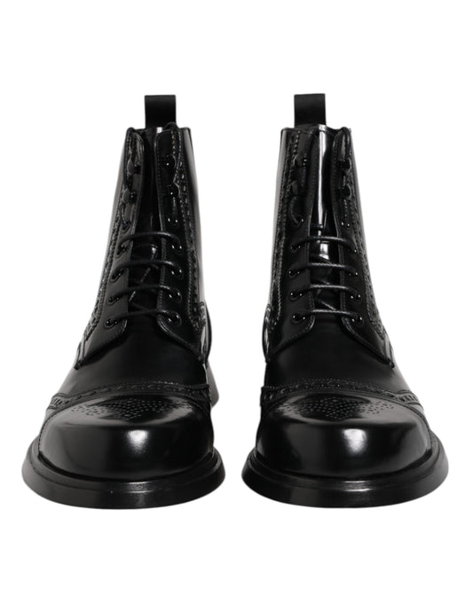 Dolce &amp; Gabbana – Schwarze, wadenhohe Schnürstiefel aus Leder