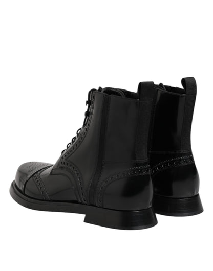 Dolce &amp; Gabbana – Schwarze, wadenhohe Schnürstiefel aus Leder
