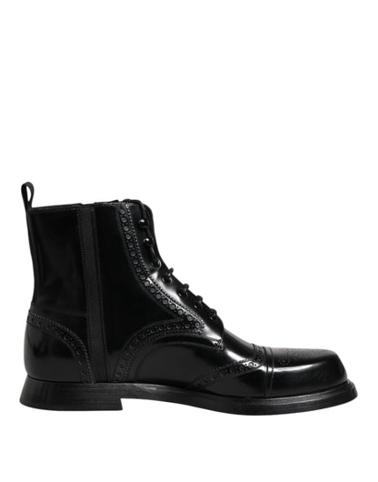 Dolce &amp; Gabbana – Schwarze, wadenhohe Schnürstiefel aus Leder