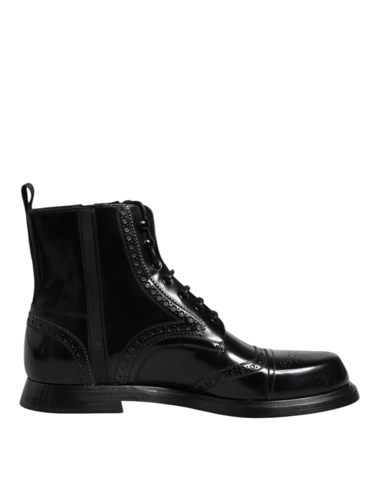 Dolce &amp; Gabbana – Schwarze, wadenhohe Schnürstiefel aus Leder